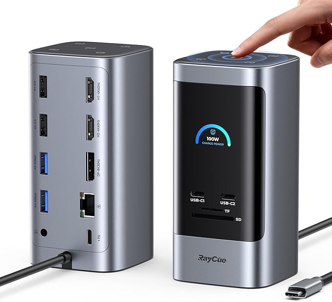 RayCue 15 in 1 Laptop Docking Station 3 Monitors Triple 8K Display with 3 HDMI 6 USB Ports 5 Shortcut Button Gigabit Ethernet PD3.0 Smart Display for Windows/Dell/Lenovo/HP...(No Power Adapter)