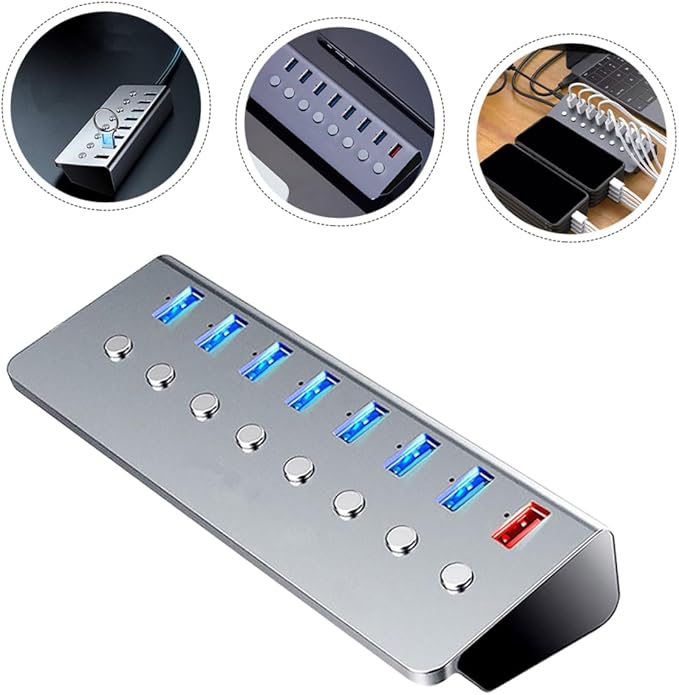 HOMSFOU 7-Port USB Hub Splitter 3.0 Independent Control USB Extender for Laptops and PCs Portable for Charging and Data Transfer