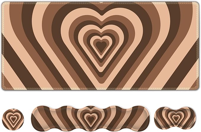 Gaming Mouse Pad Keyboard Wrist Support 4 in1 Mousepad with Wrist Keyboard Rest Computer Desk Mat Non-Slip Desk Pad Protector with Memory Foam Easy Typing Pain Relief I Lovely Brown Hearts