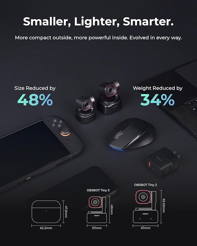 OBSBOT Tiny 3 AI-Powered Spatial Audio 4K PTZ Webcam Bundle with Smart Remote 2 USB-A to USB-C 3.0 Cable