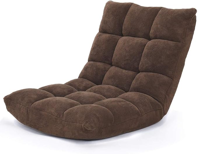 Floor Chair Lounger Folding Gaming Sofa Chaise Lounge with 14 Adjustable Position Steel Frame Sponge Padded Sleeper Bed Couch Recliner (Brown)