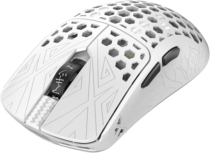 Tenko ARBITER Akitsu Medium Carbon Fiber Gaming Mouse - Ultra-Light 40g Wireless 8K Polling 30K DPI PIXART 3950 Sensor 60Hr Battery LCD Receiver Display - White