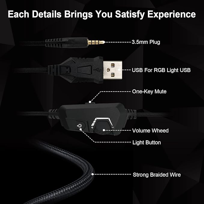 SOULION S10 Gaming Headset with Microphone RGB Lights PC Headphones with Noise Canceling Mic for PS4 PC Xbox One Soft Memory Earmuffs Headsets for PS5 Laptop Mac Mobile