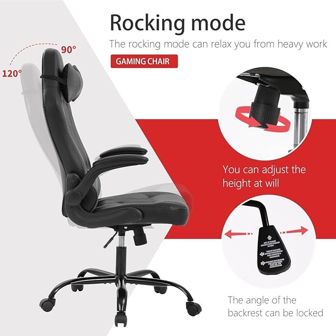 Gaming Chair High Back Computer Chair Egonomic Office Chair PU Leather Video Game Chairs Swivel Executive Chairwith Flip Up Arm Headrest Racing Chairs Rolling Chair for Adults Grey