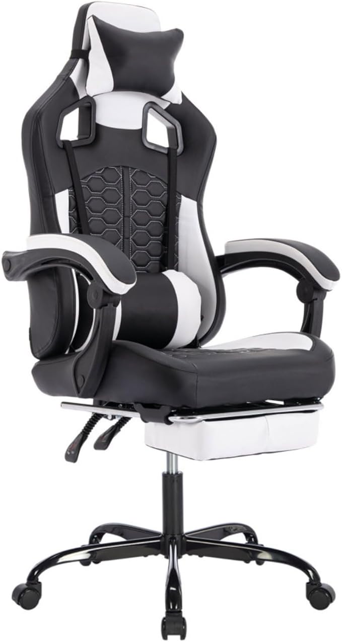 Gaming Chair with MassageErgonomic PC Gaming Chair with Footrest Comfortable Headrest and Lumbar SupportHigh Back PVC Leather300LBS (Black White)