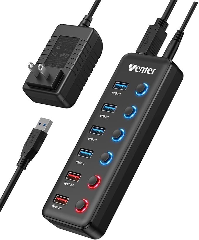 Powered USB Hub Wenter 6-Port USB 3.0 Hub Splitter (4 USB 3.0 Data Ports + 2 QC 3.0 Fast Charging Ports) with Individual LED On/Off Switches USB Hub 3.0 Powered with 36W AC Adapter for Mac PC