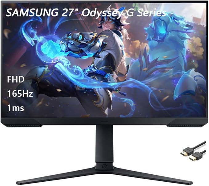 Samsung 27 Odyssey G Series LED Gaming Monitor FHD 165Hz 1ms Eye Saver Free-Sync Premium Height Adjustable VESA Mount Capability DisplayPort HDMI Black with GSF HDMI Cable