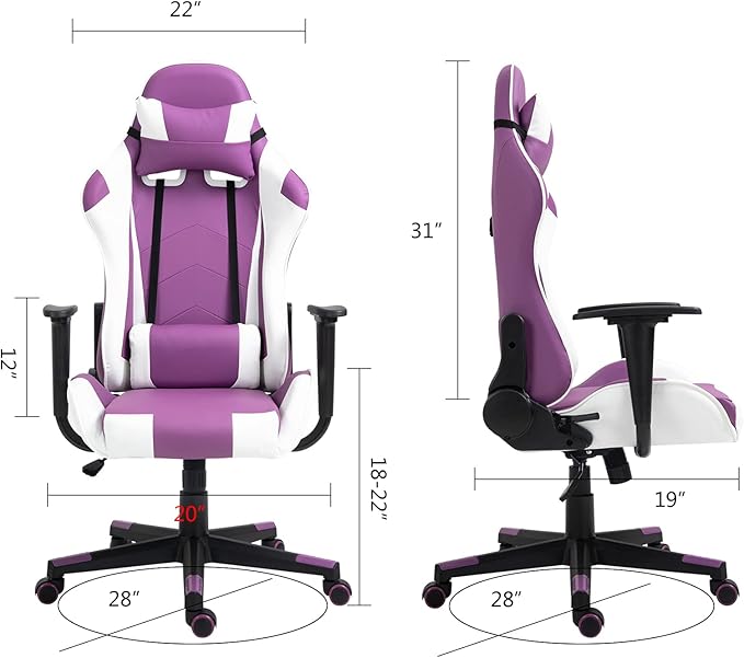 Modern-Depo Gaming Chair with Headrest and Lumbar Support Height Adjustable Swivel Office Chair High-Back Recliner Purple White