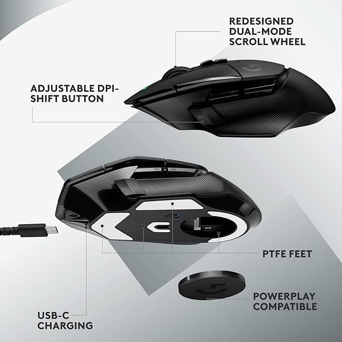Logitech G502 X Lightspeed Wireless Gaming Mouse - LIGHTFORCE Hybrid Optical-Mechanical switches Hero 25K Gaming Sensor Compatible with PC - macOS/Windows - Black (Renewed)