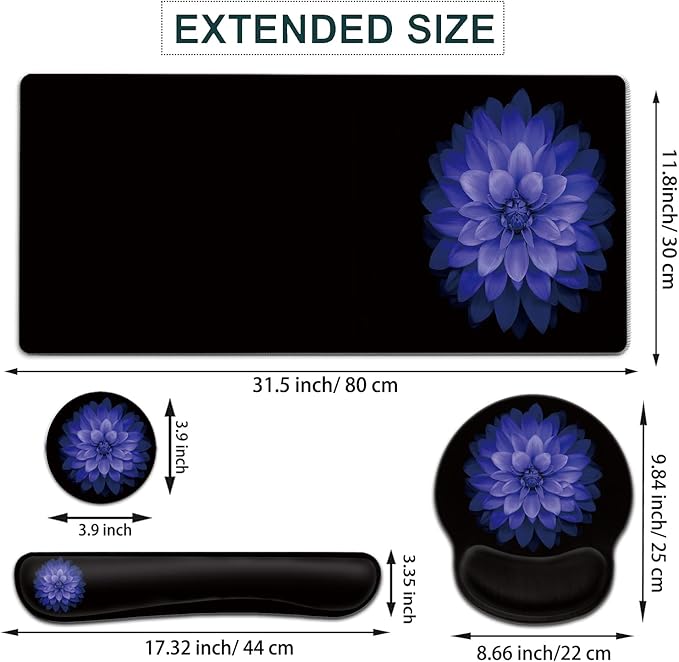 Large Mouse Pad Ergonomic Mouse Pad with Wrist Rest and Keyboard Wrist Rest 4 in 1 Set 31.5 x11.8 inch Extended Desk Pad for Home Office Watercolor Purple Flowers Pattern Black xxl Gaming Mouse Mat