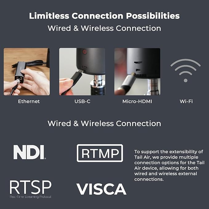 OBSBOT Tail AIR NDI Streaming PTZ CameraSmart RC Controller4K AI-Powered Webcam1.8 CMOSf/1.8 ApertureAI TrackGesture &amp Remote ControlWired&ampWireless ConnectionLiveStream for Church/Mus