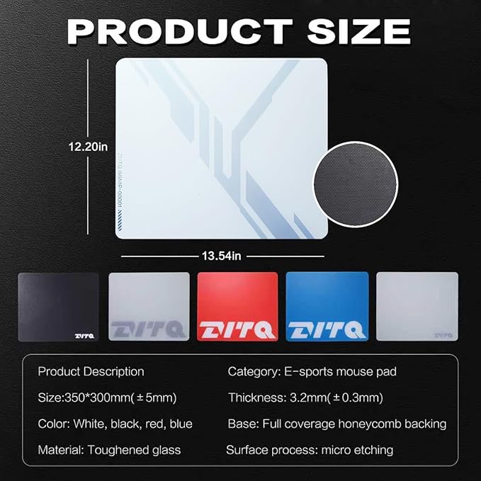 Glass Gaming Mouse Pad Micro-Etched SurfaceTempered Glass Ultra-Smooth Finish Anti-Slip Honeycomb Base 13.8 x 11.8 Inches (Zero Interface)