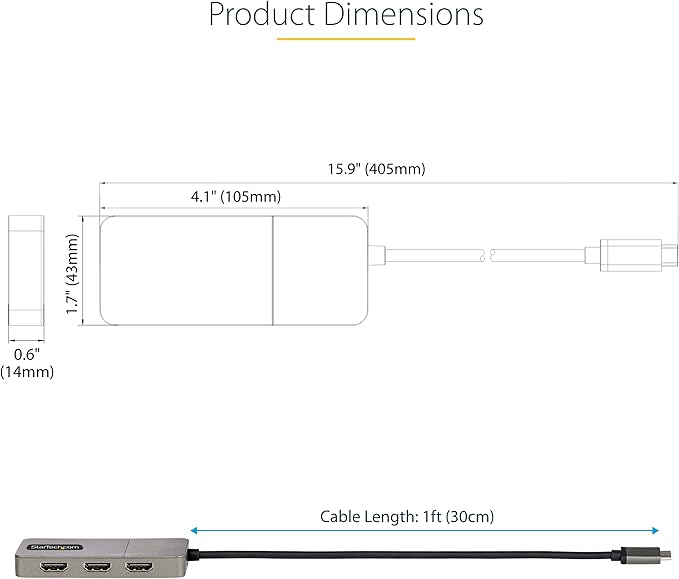 StarTech.com 3-Port USB-C Multi-Monitor Adapter USB Type-C to 3x HDMI MST Hub Triple 4K 60Hz HDMI Laptop Display Extender / Splitter HDR Extra-Long Built-In Cable Windows (MST14CD123HD)