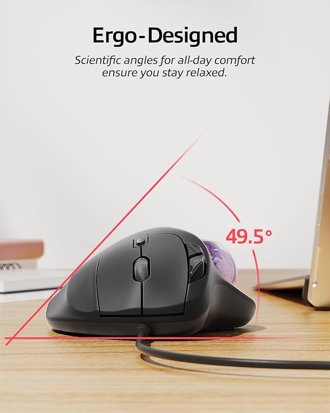 Nulea M509 Trackball Mouse Wired Ergonomic Design Easy Thumb Control Precise &amp Smooth Tracking 2-in-1 Interface (Type A &ampType C) Compatible for PC Laptop Mac Window(Purple).