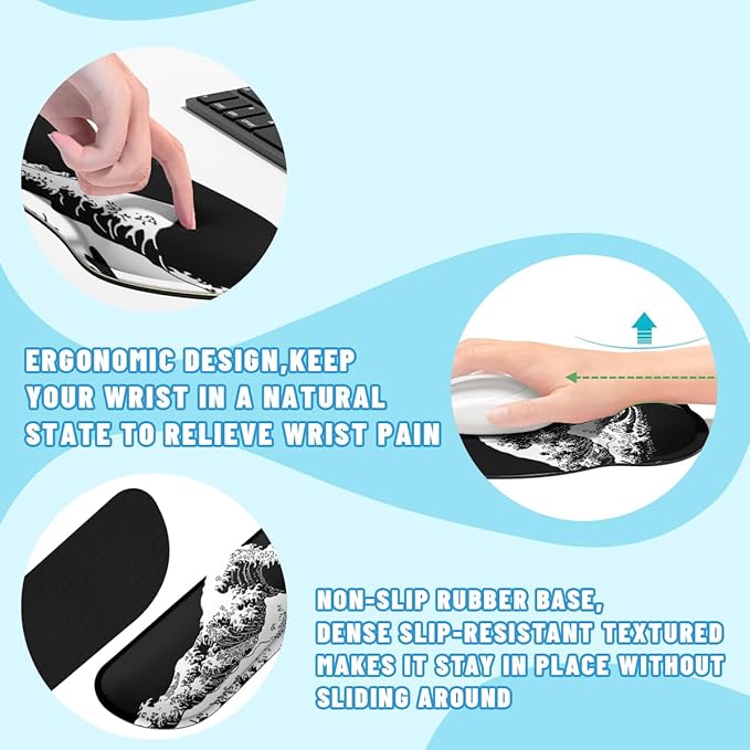 Wave Mouse Pad Set Japanese Black White Mount Fuji Kanagawa Gaming Mousepad 4in1 Desk Mat for Desktop Anti-Slip XXL Big Computer Ergonomic Mousepad with Wrist Support for Keyboard and Mouse