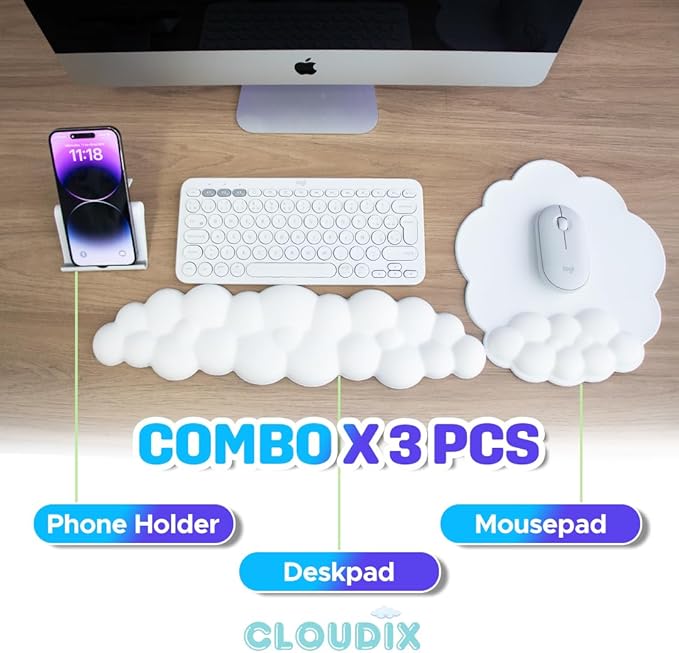 CLOUDIX - Cloud Keyboard Wrist Rest. Set Mouse Pad Phone Holder Tablet Holder Ergonomic Cloud Wrist Pad with Memory Foam Non-Slip Base for Typing Pain Relief Home Office Laptop Gaming (Pink)