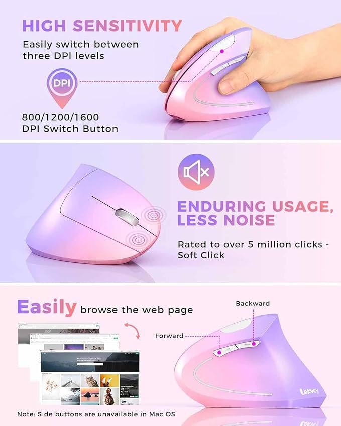 Lekvey Ergonomic Mouse Vertical Wireless Mouse Rechargeable 2.4 GHz Optical Carpal Tunnel Mouse : 800/1200/1600 DPI 6 Buttons for Laptop PC Mac Computer Desktop Notebook etc Pink to Purple