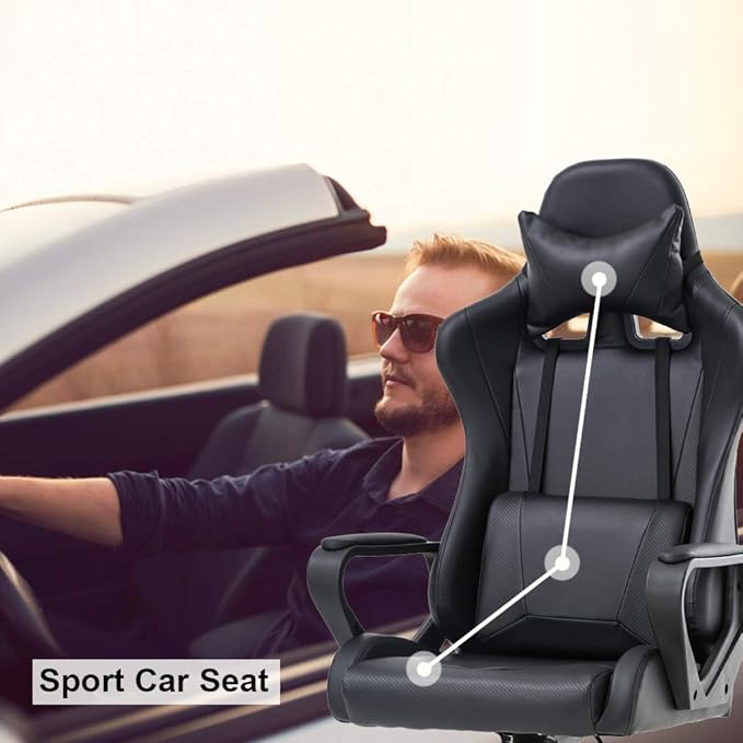 Gaming Chair with Lumbar Support High-Back Office Chair for Adults with Ergonomic Computer Racing Chair PU Desk Task Chair with Support Flip Up Arms Headrest Black
