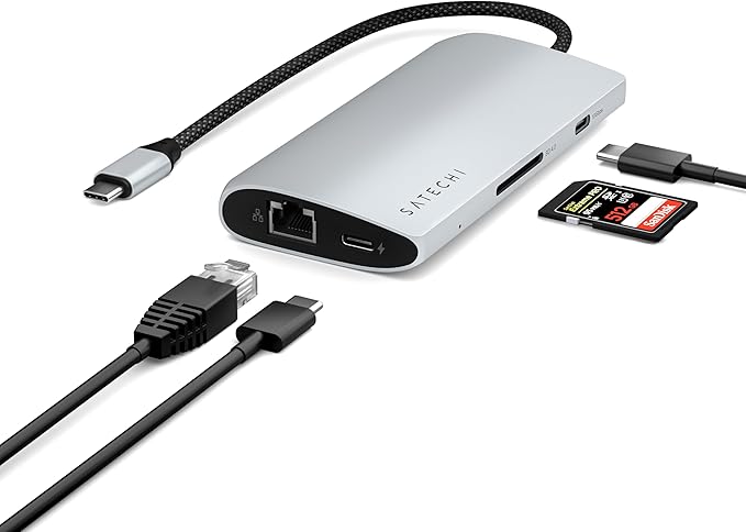 Satechi 8 in 1 USB C Hub Multiport Adapter V3 8K HDMI 100W Charging 4 USB Data Ports Ethernet SD Card Reader for Laptop for Mac/Windows MacBook Air/Pro M5/M4 iPad - Silver