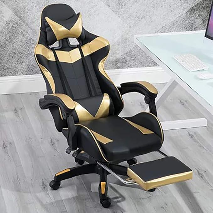 Gaming Chair with Footrest Game Seat Internet Cafe Competitive Office Computer Chair Home Recliner Adjustable Chair Headrest and Lumbar Support E-Sports Swivel ChairGold