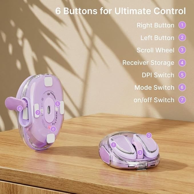 EWEADN Q9 Wireless Clear Mouse Dual Mode Bluetooth &amp 2.4G USB Computer Mouse with RGB Lighting Silent Clicks Multi-Device Compatibility for Laptop PC MacBook iPad Cute Mouse-Purple