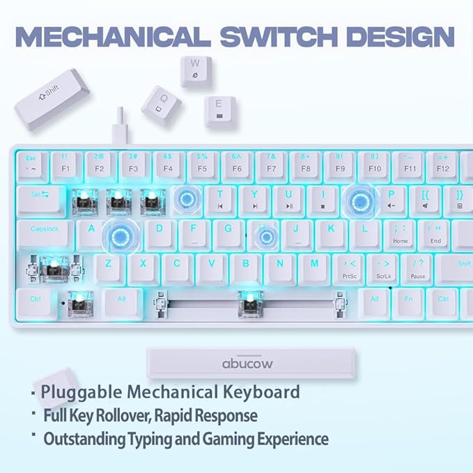abucow 65% Mechanical Gaming Keyboard Black Switch Wired Compact Keyboard with Blue Backlight Swappable White Keycaps for Windows/Mac