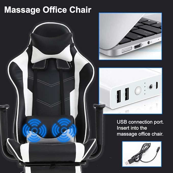 Ergonomic Gaming Chair for Adults Adjustable High-Back Computer Desk Chair with Lumbar Support and Footrest Leather Office Chair for Gaming Big and Tall Comfy Gamer Chair(White)