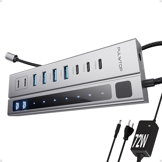 Powered USB C Hub 9-in-1 USB-Hub suppprt 10Gbps &amp PD 45W Max Charging(Not Support Video) USB Powered Hub with 3 USB-C 4 USB-A for Laptop MacBook iPad and More (72W Adapter Included)