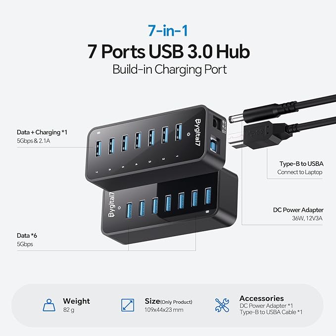 USB 3.0 Hub 7Ports USB Hub with 1BC1.2 Ports Multi USB Data Hub Compatible with Mac Laptops Desktop All USB Devices Mobile and HDD USB 3.0 Splitter (36W Adapter Included)