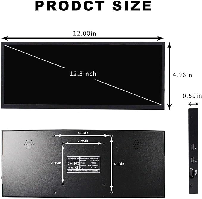 VSDISPLAY 12.3 Inch Touchscreen Monitor 1920x720 IPS Stretched Bar LCD with Dual Speakers for PC Computer Laptop Secondary Display Monitoring