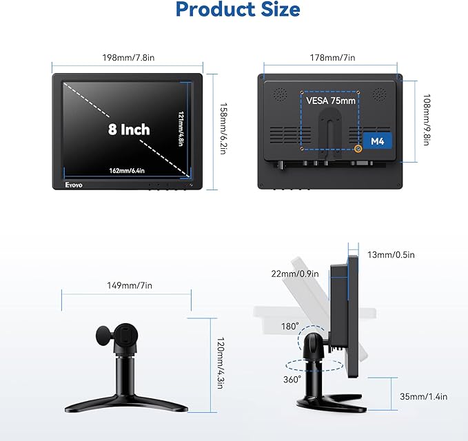 Eyoyo 8 Inch Small Monitor 1024x768 4:3 IPS Mini Security Camera Monitor Screen Support HDMI VGA AV BNC Input with Remote Control Video Monitors for Retro Computer PC NVR CCTV Raspbery Pi