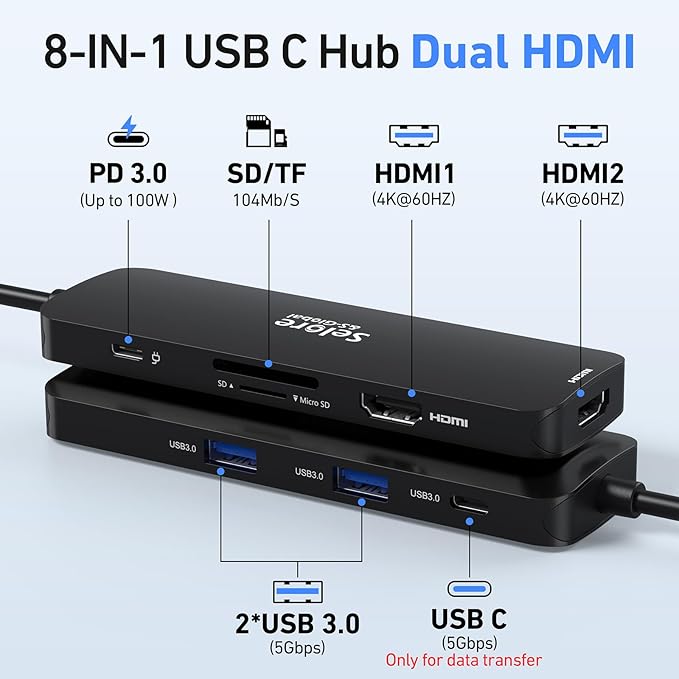 USB C Docking Station Dual HDMI Monitor USB C to Dual HDMI Adapter with 2HDMI Ports PD Charging SD/TF USB A&ampC 3.0 Ports Laptop Docking Station for Dell XPS/HP/Lenovo/Surface/Yoga etc(Black)