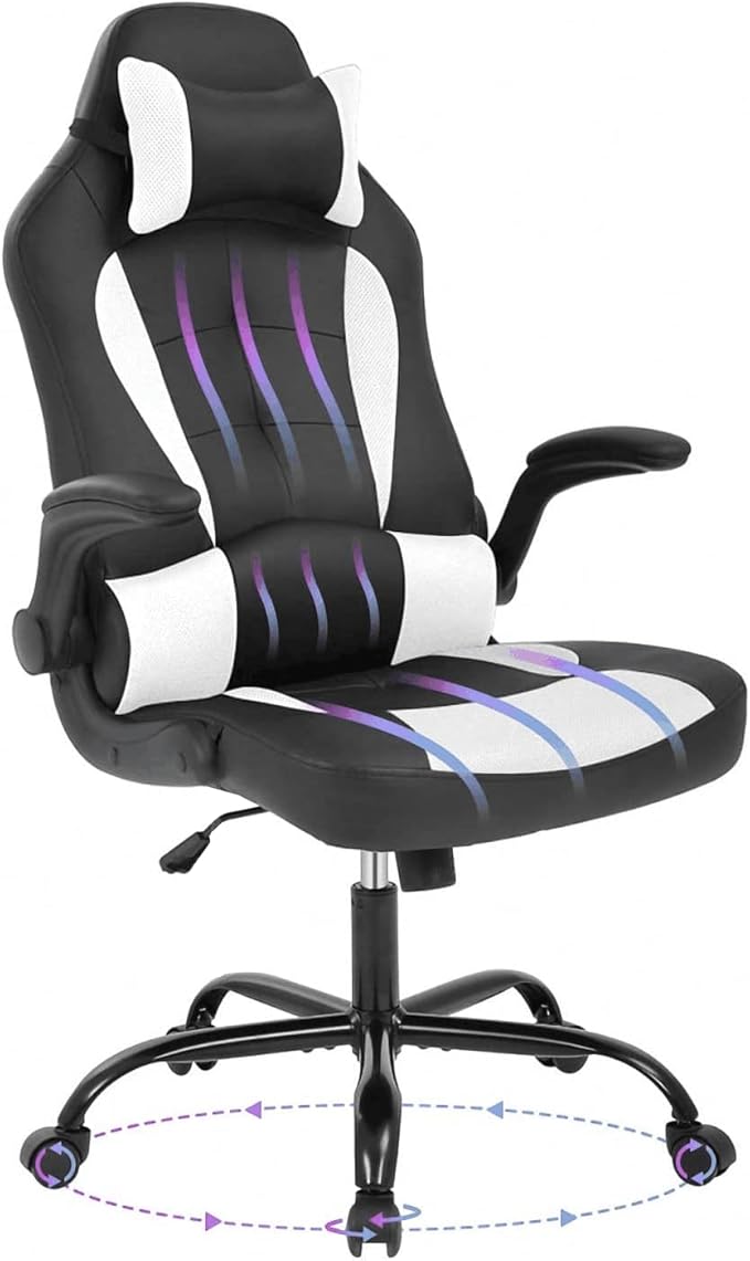 Racing Office Gaming Chair - High Back Executive Computer Desk Chair with Headrest Massage Lumbar Support - Black
