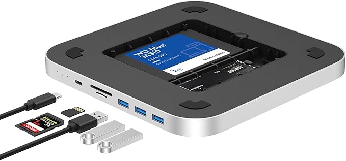 Qwiizlab Mac mini Hub with Dual Drive Enclosure Docking Station for Mac mini M2/M1 Mac Studio M4/M/3/M2/M1 Type-C 10Gbps Card Readers 104MB/s Fits M.2 SATA NVMe SSD 2.5'' HDD SSD (Silver)