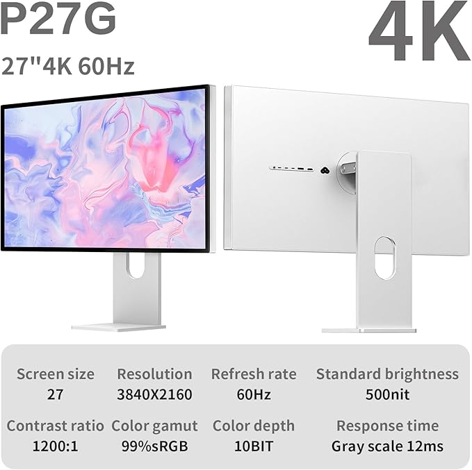 P27G 27 inch FHD (3840x2160) 4K Monitor IPS Black Panel 1.07 Billion Colors 99% sRGB HDR10 G-Sync FreeSync 1200:1 Contrast HDMI DP VESA 178° Viewing Angle (Minimalist - with Stand)