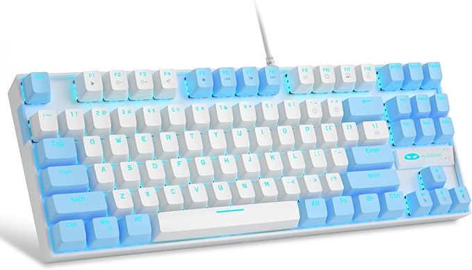 MageGee 75% Mechanical Gaming Keyboard Red Switch LED Blue Backlit 87 Keys Compact TKL Wired Keyboards for Windows Laptop PC Gamer - White/Blue