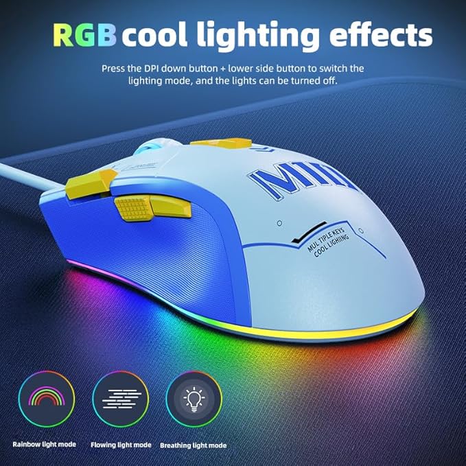 Wire Gaming Mouse Ergonomic RGB Mouse Programmable Gaming Mouse USB-C 7200 DPI Plug Play High-Precision Optical Sensor 8 Programmable Buttons Gaming Mice for PC &amp Laptop White