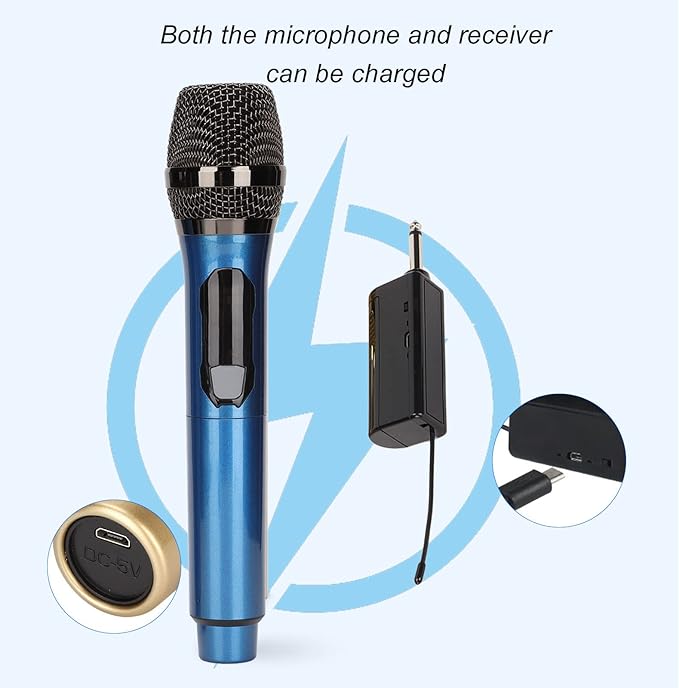 Cordless Microphone Dual Digital Dynamic Microphone with Receiver 50m Range 3.5mm Adapter Microphone with Smart LED Display for Singing Karaoke Meeting Wedding (Blue)