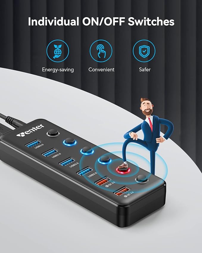 Powered USB Hub Wenter 6-Port USB 3.0 Hub Splitter (4 USB 3.0 Data Ports + 2 QC 3.0 Fast Charging Ports) with Individual LED On/Off Switches USB Hub 3.0 Powered with 36W AC Adapter for Mac PC