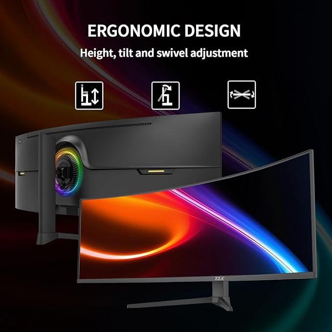 ZZA 49 Inch UltraWide Curved Gaming Monitor 5120×1440 DQHD 1500R 165Hz AMD FreeSync 120% sRGB Height Adjustable HDMI 2.1 &amp DP 1.4 VESA Mount – Black