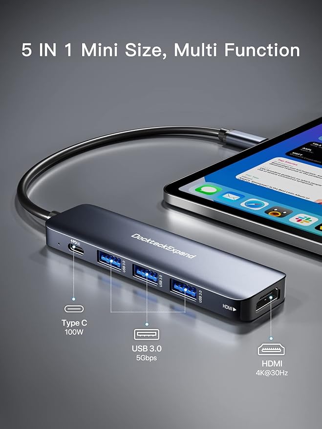 USB C HUB DockteckExpand USB-C Multiport Adapter 5 in 1 with 4K HDMI 100W Power Delivery 3 USB 3.0 Data Ports for MacBook Pro/Air iPad Pro/Air/Mini 6 and More
