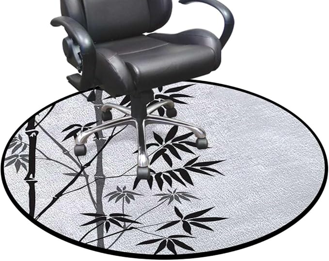 Black White Chair Mat Office Protector for Hardwood Floors Anti-Slip Floor Protection Mat Multi-Purpose Chair Carpet for Desk Bamboo Leaves on Clear Simple Background Diameter 55 in