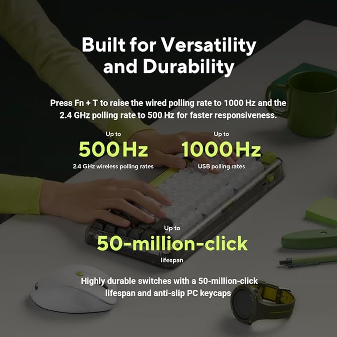 ASUS Jelly75 Wireless Keyboard KD201 – Tri-Mode (BT/2.4GHz/Wired) up to 5 Devices Hot-Swappable 1K Polling Rate Smooth Quiet Typing Windows/MacOS Toggle for Productivity/Gaming – Volt Green