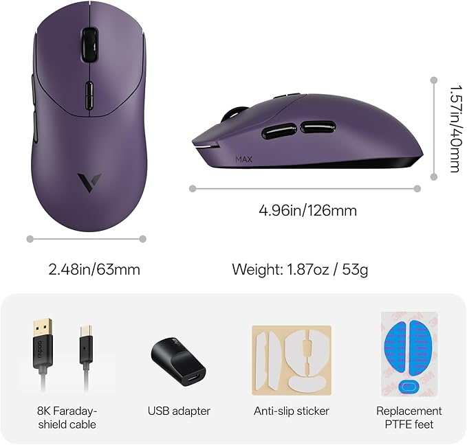 Rapoo VT2 MAX Wireless Gaming Mouse True 8K Wireless Polling Rate 53g Lightweight Up to 750 Hr Battery Nordic nRF54L15 MCU 120-Million Optical Switch 10 Programmable Buttons Macro Enabled
