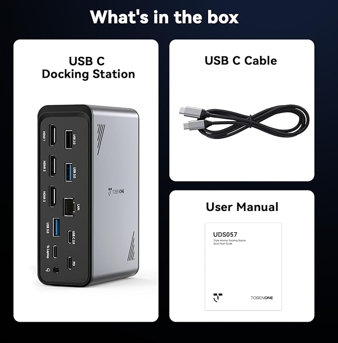 TobenONE 18 in 1 Laptop Docking Station 3 Monitors Triple 4K Display with 3 HDMI 9 USB Ports Gigabit Ethernet PD3.0 for Windows/Dell/Lenovo/HP/Thinkpad Laptops (No Power Adapter)