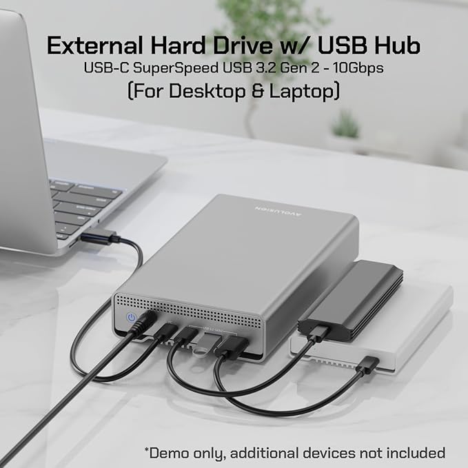 Avolusion PRO-G1 10TB USB 3.2 Gen 2 (10Gbps) USB-C External Hard Drive w/USB HUB for Windows/MacOS (Grey)