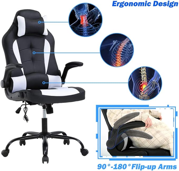 Racing Office Gaming Chair - High Back Executive Computer Desk Chair with Headrest Massage Lumbar Support - Black
