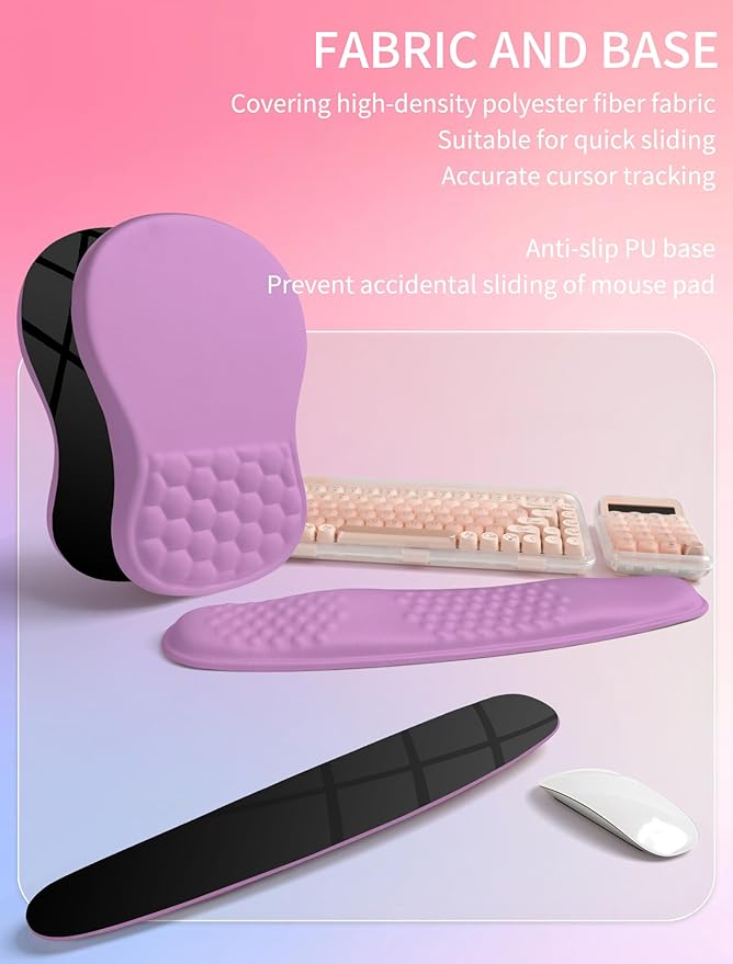 Hokafenle 2in1 Combination Wave Keyboard Wrist Rest and Ergonomic Curvature Mouse Pad Wrist Support for Relieve Wrist Pain Filled with Soft Cushion Memory Foam Purple Lilac