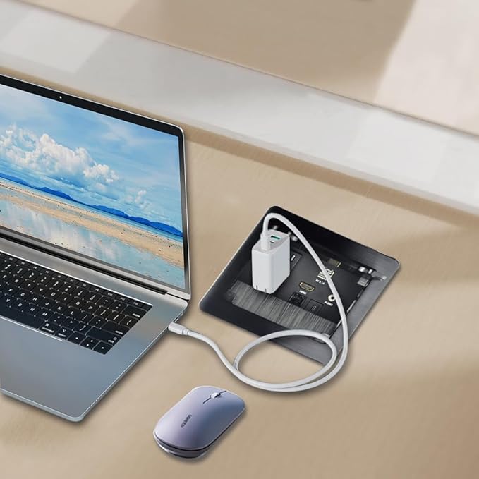 Tabletop Brush Flip Connectivity Box with 2 AC Power + 2 USB Charger + HDMI + 1 3.5mm Audio + USB-C Data + RJ45(cat6) for Conference Room (Black)