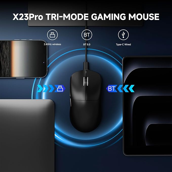 X23Pro Wireless Gaming Mouse 2.4G/BT5.0/USB-C Esports Gaming Mouse 800mAh Rechargeable Lightweight Mouse Gaming 12000 DPI Wireless Mouse with 6 Programmable Buttonsfor Laptop/PC/Mac Black